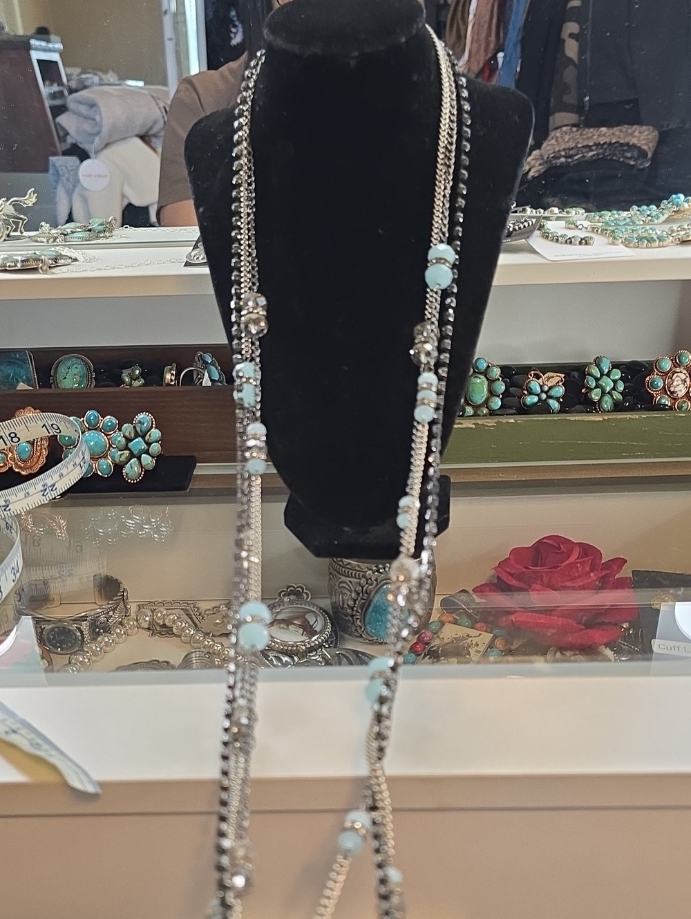 Three Strand Silver Tone Long Necklace with Light Blue Beads